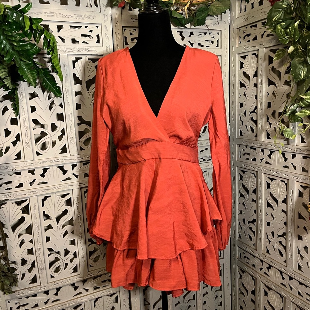 HYFVE HYFVE HYFVE EXCELLENT BURNT ORANGE LONG SLEEVE ROWDY SHORTS ROMPER